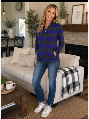 Women's Aqua Cashmere Striped Zip-Up Hoodie Purple Grey Size XL
